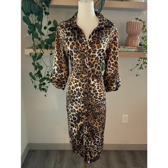 Zara Leopard Print Satin Button Down Midi 3/4 Sleeve Dress XL Fall Chic Office - Picture 1 of 6